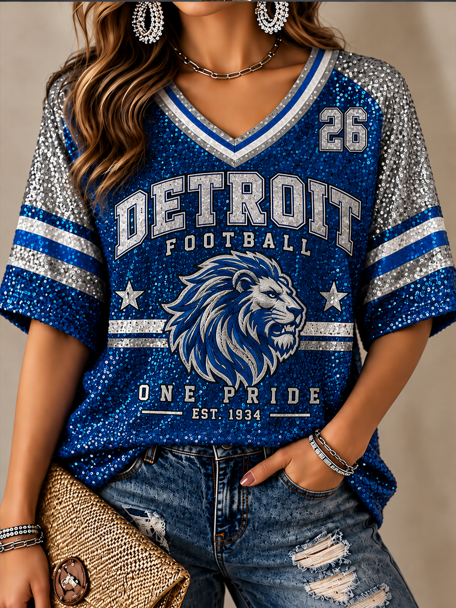Women's Football Fan Lions Printed Mid-length Sleeves V-Neck T-Shirt