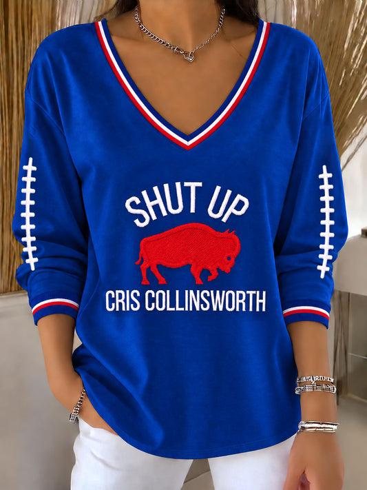 Women's Go Buffalo Football Fans Lovers Gameday Casual V-Neck Long Sleeve T-Shirt