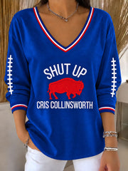 Women's Go Buffalo Football Fans Lovers Gameday Casual V-Neck Long Sleeve T-Shirt