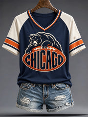 Women's Chicago Football Lover Bear Art Printed T-shirt