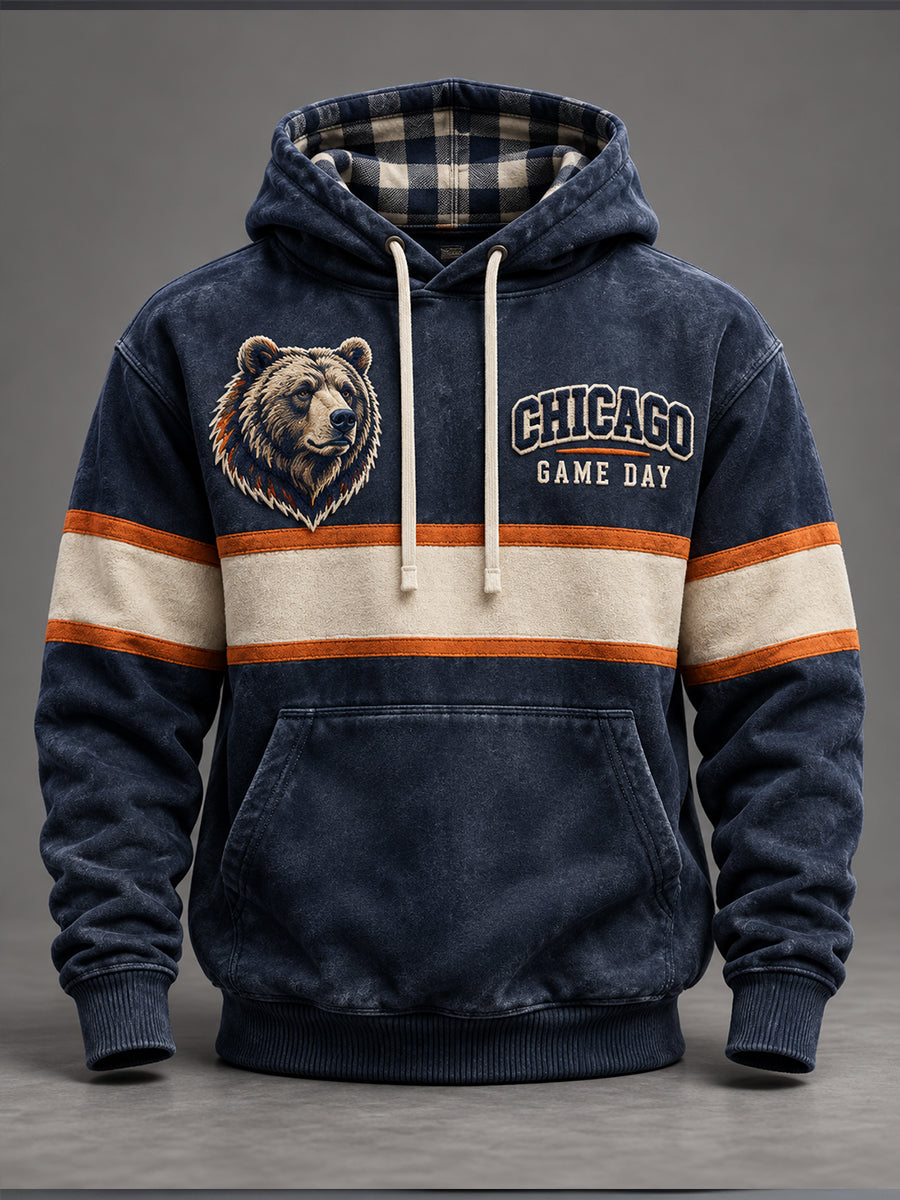 Men's Chicago Football Lover Bear Art Printed Hoodie